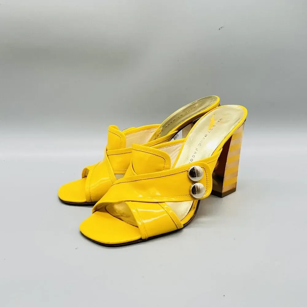 Marc By Marc Jacobs Sandals Womens 7.5 Yellow Patent Leather Slide Striped Heel